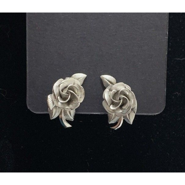 Vintage A&Z Sterling Silver Sculpted Rose Screw Back Earrings